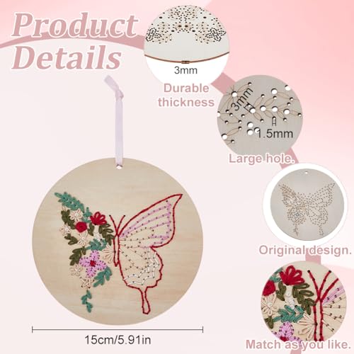 WEBEEDY 4 Sets Wood Stitched String Art Kit with Floral Butterfly Pattern for Beginners, DIY Wooden Cross Stitch Ornament Kits Needlepoint Embroidery Set Home Hanging Decor Gift