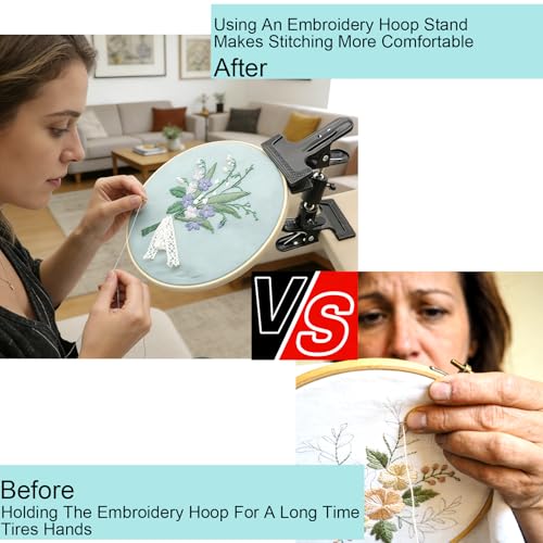 Portable Metal Embroidery Hoop Stand Holder, Adjustable Position and 360° Rotated Cross Stitch Lap Stand Hands Free with Soft Rubber Protection for Needlework Needlepoint & DIY Crafts