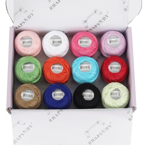 Rhapsody Pearl Cotton Thread Size 8 Crochet Thread Perle 12 Balls Set Hand Knitting, Embroidery, Sashiko, Cross-Stitch, Sewing, Needlepoint, DIY, Quilting (Set Party Punch) - color: SET Party Punch