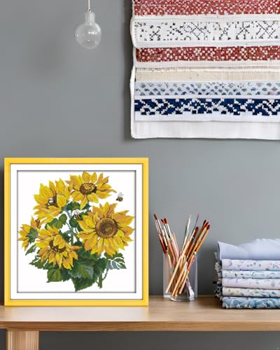 CaptainCrafts Cross Stitch Kits for Adults Sunflower Stamped Cross Sttich Printed 14CT Fabric Cross Stitching DIY Art DMC Needlecrafts Embroidery Kit for Adults (Preprinted 14CT, Sunflower) - color: Sunflower, style: Preprinted 14CT