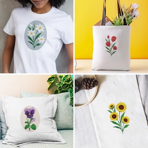 INFUNLY 6 Pack Elliptical Shape Embroidery Starter Kit for Beginners Flowers DIY Embroidery Kits for Adults Sunflower Rose Stamped Needlepoint Set with Step-by-Step Instructions Craft Lover Gift - style: Elliptical