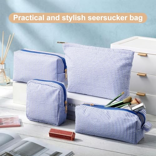Sanwuta 4 Pcs Seersucker Pouch Striped Makeup Bag Set, Dark Blue - color: Dark Blue