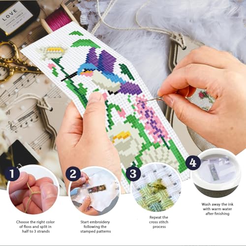 INFUNLY 6pcs Hummingbirds Cross Stitch Bookmark Kit for Adults Beginners Flowers DIY Cross Stitch Kits Pre-Printed Plants Stamped Embroidery Bookmark Kit with Instruction for Book Lovers Readers - style: Hummingbirds