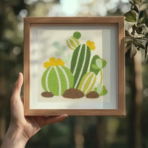 Doodlream Cartoon Cactus DIY Punch Needle Embroidery Kit for Adult Beginner, 9.4" Cactus Punch Stitching Craft Set for Starter with Frame, Fabric Pattern, Threader, Yarn, Pinch Needle - color: Cactus