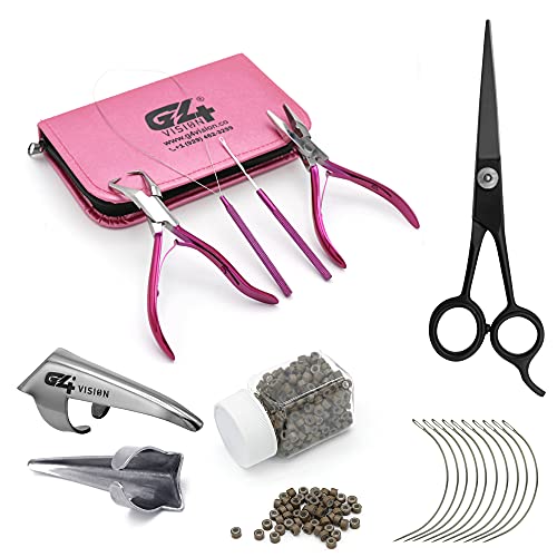 Professional Hair Extension & Beading Tool Kit Remove Plier Set for beads (4 Piece) I-Link Micro Ring Loop Needle Pulling Hook Threader Wire for Silicone Rings (Light Brown Beads) - color: Light Brown Beads
