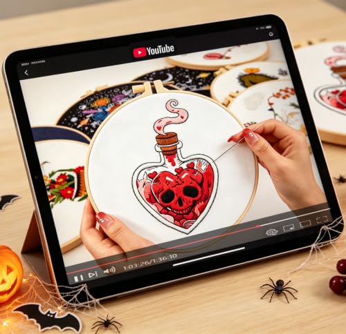 Halloween Goth Embroidery Kits for Beginners Adults, Dark Skull Embroidery Sets Needlepoint Kits, Halloween Stamped Cross Stitch Kits for Beginners Adults, 2 Embroidery Hoops (Attached Video Tutorial) - color: Halloween-2, size: 8inch