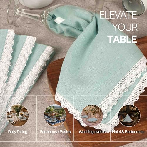 FINGERCRAFT Lace Cloth Napkins, Cotton Linen, 4 Pack, 20x20 Inch,Aqua - color: Aqua, size: 20" x 20" (Set of 4)
