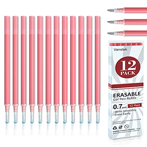 Vanstek 12 Red Erasable Gel Pen Refills, Gel Ink Refills Compatible with Erasable Pens, Fine Point 0.7 mm, Perfect for Writing Planner & Crossword Puzzles - color: 12 Pack Red Refills