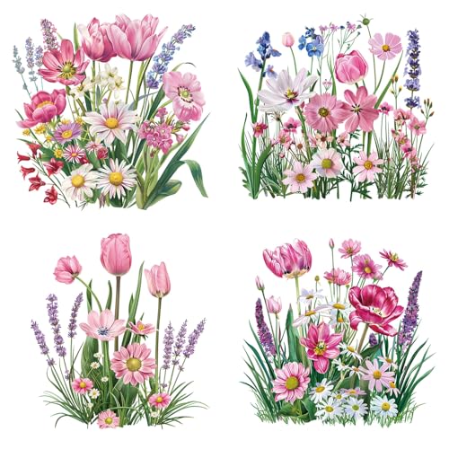 Flower Iron On Transfers Patches - 4PCS Pink Tulip Lavender Daisy Floral Heat Transfer Vinyl Decals for DIY Clothing T-Shirt Bag Pillow, Vintage Botanical Pattern Iron on Appliques for Crafts Supplies - style: Pink Flower A