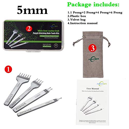 Aiskaer Leather Stitching Punch Set, Diamond Chisel Tools, 5mm White Steel 1/2/4/6 Prong for Leather Craft DIY - size: 5mm