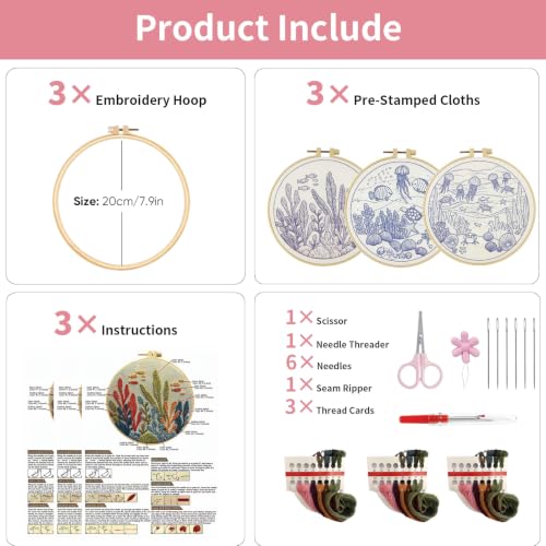 LYMIGER 3 Packs Embroidery Kit for Adults, Embroidery for Beginners (Sea-1) - color: Sea-1