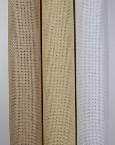 KCS 3 pc of 15" x 18" Counted Cross Stitch Cotton Aida Cloth Needlework Rolled Fabric Box,14CT,White+Light Straw+Khaki - color: White+light Straw+khaki, size: 14CT