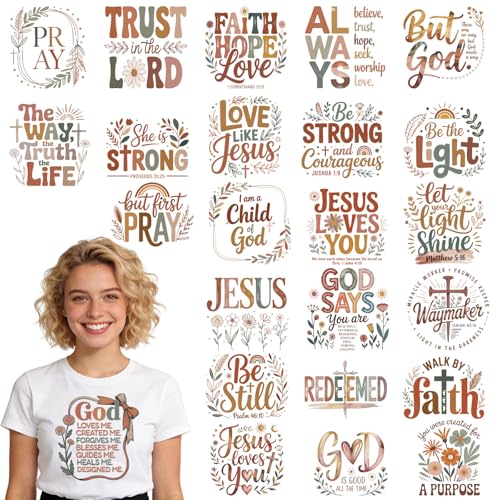 Dazoratix Christian Iron on Transfers - 24 Sheets Boho Bible Verse DTF Transfers Ready to Press Religious Heat Patches Retro Floral Faith Decals Vinyl Stickers for T Shirts Clothes Pillow DIY Crafts - style: Boho Christian