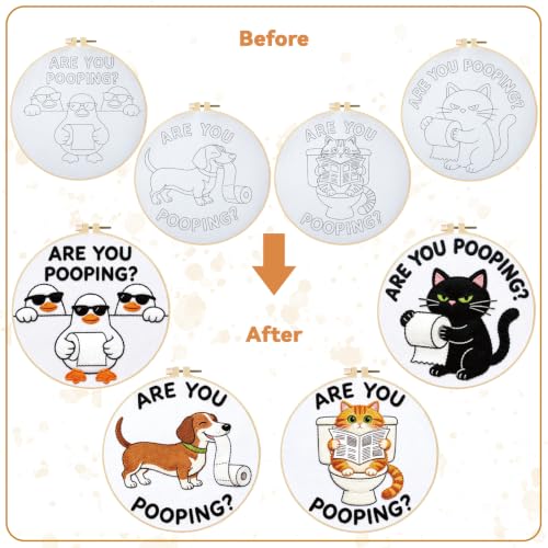 BEUNITONE 4 Pack Beginner Embroidery Kit for Adults, Funny Animal Pre-Stamped Pattern Needlepoint Kits with Hoop, Tools & Instruction, 7.9"x7.9" Hand Embroidery Kits for Fabric and Home Decor - style: D-Are You Pooping
