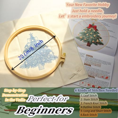 FONNUY Cute Christmas Embroidery Kit for Beginners, Festive Winter Pre-Printed Pattern & Supplies Set for Adults, DIY Handmade Needlepoint Kits Wall Art, 8'' Hoop (Tree) - color: Tree