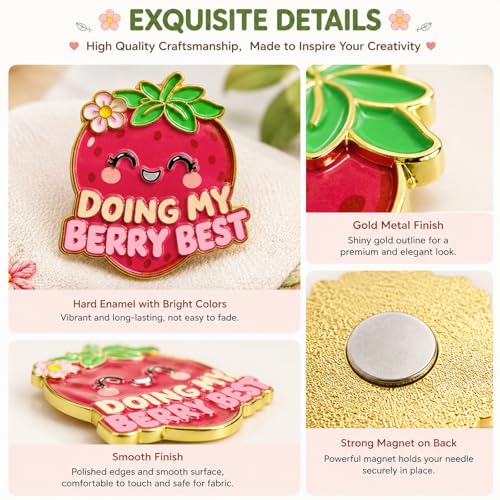 Funny Strawberry Needle Minder Magnet, Cute Magnetic Sewing Accessory with "Doing My Berry Best" Design for Embroidery, Needlepoint & Cross Stitch Projects