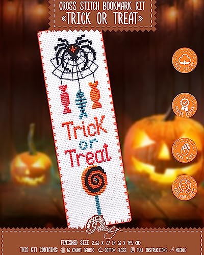 Povitrulya Halloween Cross Stitch Kit Trick or Treat - DIY Bookmark Set for Hand Embroidery - color: Trick or Treat