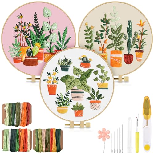 TINDTOP 3 Pack Embroidery Kit for Adult, Embroidery DIY Starter Kit - color: Plants C