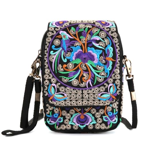 Embroidery Flowers Canvas Crossbody Bag, Women Messenger Bag, Cellphone Pouch Purse - color: Purple