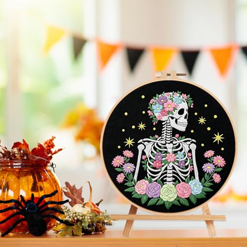Louise Maelys Halloween Skeleton Floral DIY Embroidery Kit for Beginners - color: Skeleton1