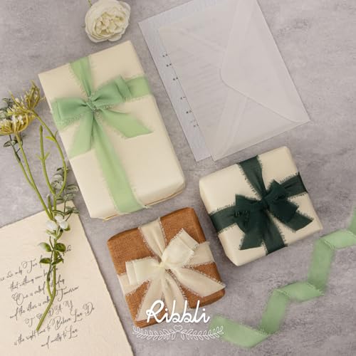 Ribbli Green Ribbon 1 Inch x 3 Rolls Total 24 Yards Ivory/Sage/Forest Green Handmade Fringe Chiffon Silk Ribbon for Wrapping Wedding Invitations Bridal Bouquets DIY Crafts Home Decor - color: Ivory/Sage/Forest Green