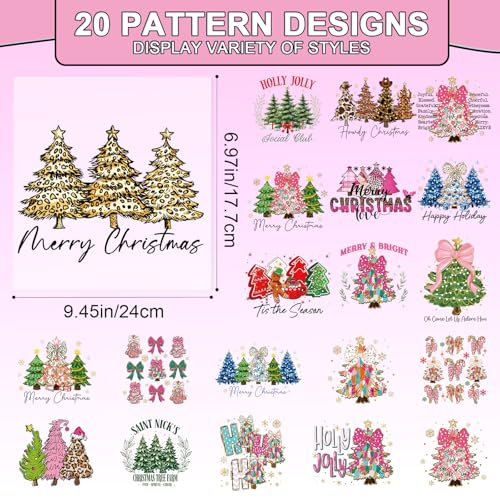 Rngmsi DTF Transfers Ready to Press - 20 Pcs Christmas Tree Iron on Patches for T-Shirts, Xmas Heat Transfer Vinyl Decals, Christmas Tree Bow Iron on Stickers for Clothes Bag DIY Fabric Decor - style: Christmas Tree