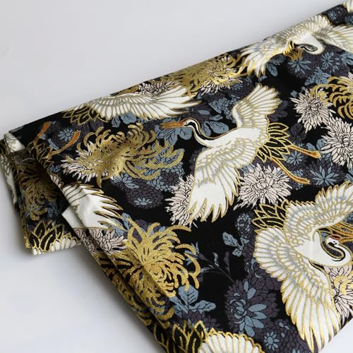 White Crane Fabric,160 GSM Japanese Black Cotton Fabric Gold Hot Stamping,59 Inches Wide for Sewing Clothing Bag Tablecloth Sofa Pillow DIY Craft (Cut by The Yard) - color: White Crane, size: 1 yard