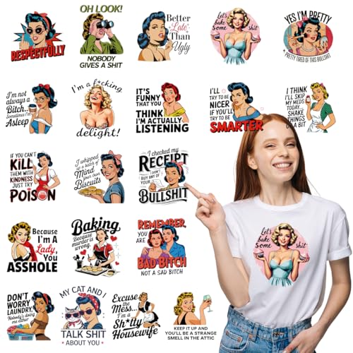 Dtf Transfers Ready to Press - 20Pcs Sassy Retro Housewife Iron on Transfers 1950s Sarcastic Housewife Iron on Decals Vintage Sarcastic Heat Transfer Vinyl Stickers for Clothing Pillows Bag DIY Crafts - color: Retro Housewife