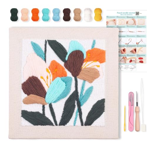 Embroidery Punch Needle kit Frame, Embroidery Starter Kits for Beginner,Punch Needle Fabric with Pattern,Threader, Yarns,Embroidery Hoops & Rug Punch (White) - color: White