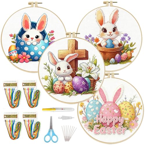 FEIYUENO 4 Pack Bunny Embroidery Kit for Adults Beginnerr, Easter - color: Easter