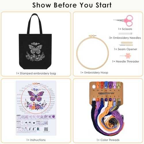 ERKOON Canvas Tote Bag Embroidery Kit for Beginners, Needlepoint Arts Crafts Cross Stitch Kits for Adults Including Stamped Embroidery Bag with Hoops, Needle, Instruction and Color Threads (Butterfly) - color: Butterfly-Black