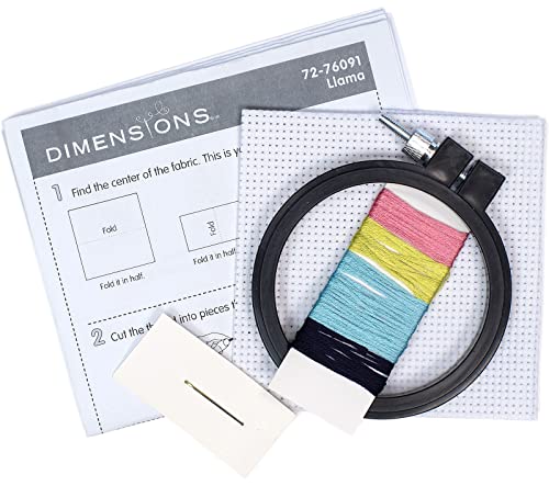 DIMENSIONS Colorful Llama Counted Cross Stitch Kit for Beginners, 11 Ct. White Aida Cloth, Finished Project 3" Diameter, Multicolor 5 Piece