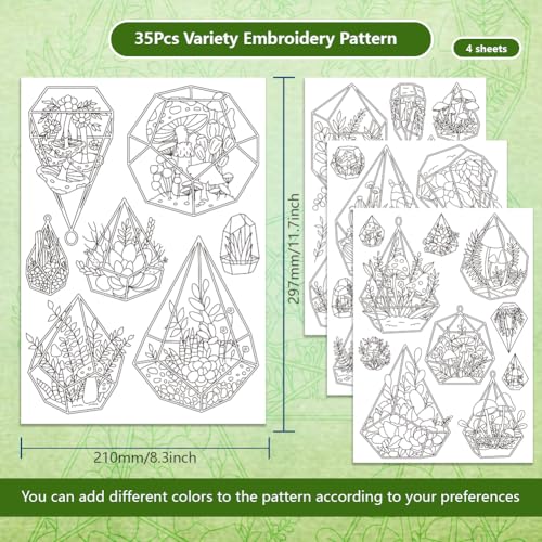 BENECREAT 35pcs Water Soluble Embroidery Stabilizers, Geometric Vessel Green Plants Stick and Stitch Embroidery Paper Wash Away Transfer Paper for Beginners - color: Plants