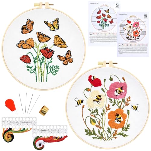Flowers Embroidery Kits for Beginners Adults, Butterfly Hand Embroidery Starter Kits, Bee Cross Stitch Kits for Beginner Needlepoint DIY Kits for Adult, 2 Set Embroidery Hoops, Thread & Video Tutorial - color: Butterflies Flowers