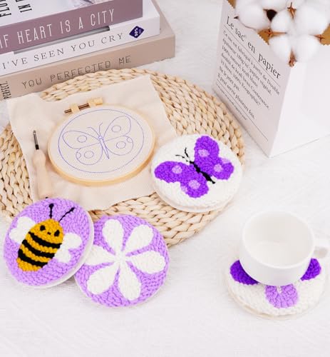 Nuoviyiya Punch Needle Coaster Kit for Adults Beginners, Complete Embroidery Kit with Adhesive Felt & Pre-Printed Patterns, Easy DIY Craft Set with Yarn, Hoop, Tools & Instructions