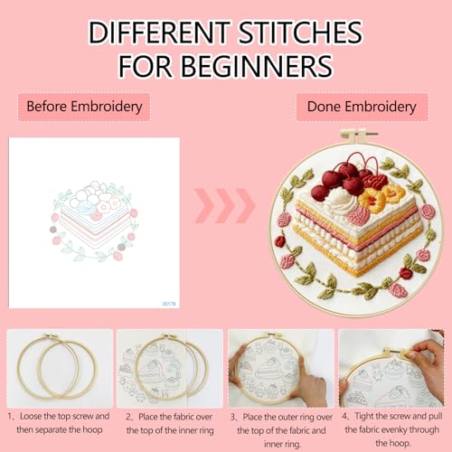 Zhenqing Cherry Mille Crepe Cake Embroidery Kit for Beginners, Pre-Printed 29x29cm Fabric with 20cm Hoop & Threads, Floral Cake Design for Home Decor(C0178)