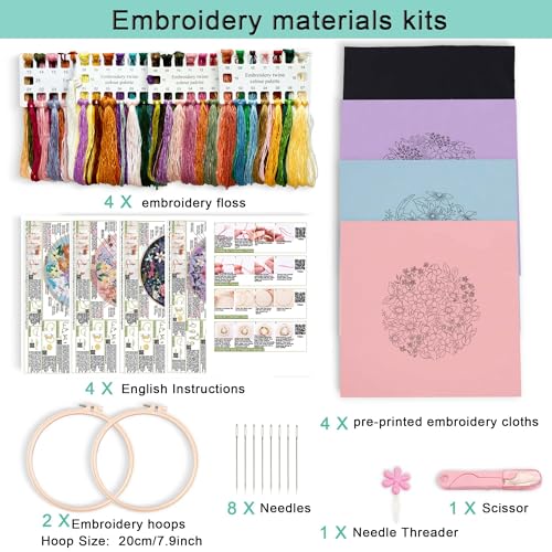 Harimau Adult Beginner Embroidery Starter Kit, Complete Set with 4 Patterns, 2 Hoops, Needles, Scissors, Instruction Guide & Stitching Video Tutorials - color: Floral1 pattern