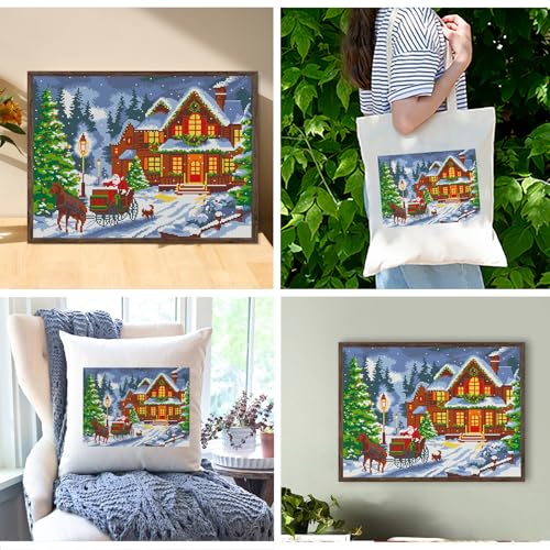Zhenqing Christmas Snow Night Printed Cross Stitch Kit - 11CT 38x48cm with Threads, Needle & Pattern, No Hoop Needed for Beginners (65830) - color: 65830