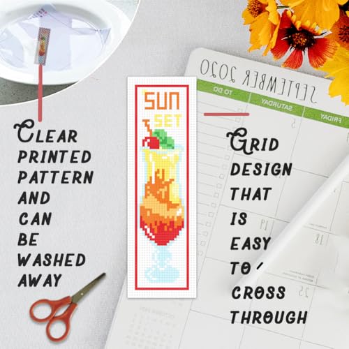 BEUNITONE 6 Pcs Summer Cross Stitch Bookmark Kits for Beginners Cocktail Sun Set Text Pattern Counted Cross Stitch DIY Stamped Embroidery Kits with Instructions for Book Lover Reader Writer 8''x2.4'' - style: Cocktail