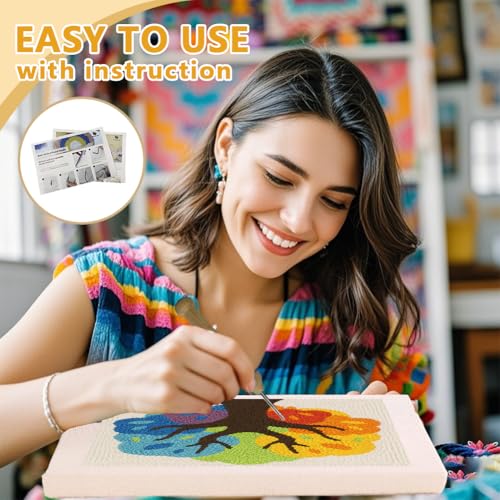 Doodlream Colorful Tree DIY Punch Needle Embroidery Kit for Adult Beginner, 9.4" Multicolored Tree Punch Stitching Craft Set for Starter with Frame, Fabric Pattern, Threader, Yarn, Pinch Needle - color: Colorful Tree