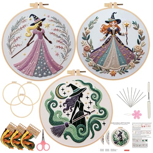 Embroidery Kit for Adults, Pre-Stamped Pattern Embroidery Kit for Beginners, Hand Needlepoint Starter Kit with Hoop Thread Needle Instruction, 7.9'' Hoop (Witch 3 Packs) - style: Witch 3 Packs