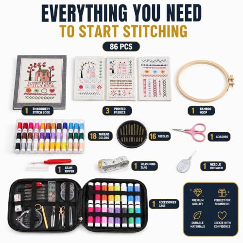 Homentry Embroidery Kit for Beginners | Gift Box with Full Set | Video Tutorial, 3pcs Hoops, 106 Patterns, 65 Water Soluble Designs, 86PCS Sewing Supplies | Starter Cross Stitch Book Kit