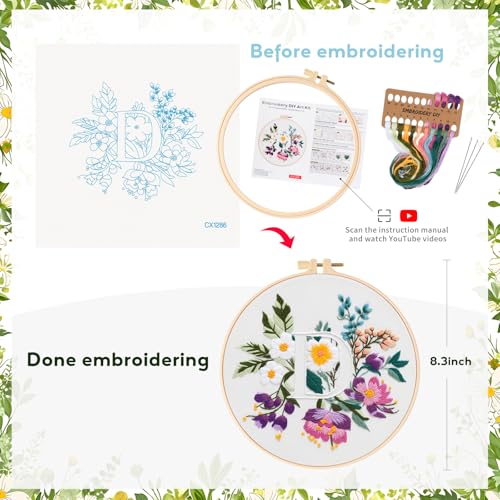 Zerzsy 7.87 '' Embroidery Kits Plant Flower Leaf English Letter Patterns for Beginners Adults, Easy to Learn Cross Stitch Kit for Home Office Decor - color: Letter D