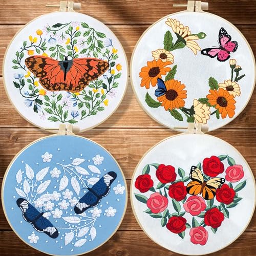 Allazone 2 Sets Embroidery Kit for Beginners, Stitch Practice Kits for Craft Lover Hand Stitch with Embroidery Fabric with Stamped Pattern, Starter Stitch Kits Suitable for Adults (Butterfly) - color: Butterfly