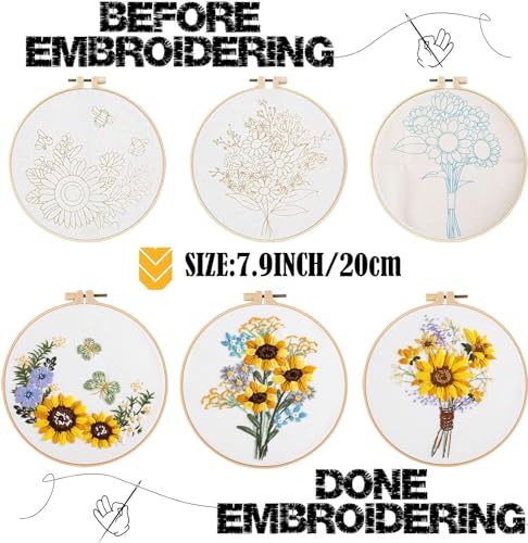 GLTAYLMY 3 Sets Embroidery Starter Kit with Pattern and Instructions, Cross Stitch Set, Stamped Embroidery Kits with 3 Embroidery Clothes with Pattern, 1 Embroidery Hoop(Sunflower) - color: Sunflower