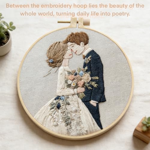 HCANPER Sweet Couple Embroidery Starter Kit, Valentine's Day Gifts，DIY Needle Punch Kit, Punch Needle Kits for Beginners,Include Pre-Printed Fabric,Tools,Embroidery Hoop,Threads. (Four) - color: Four
