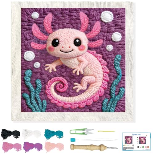 BEUNITONE Pink Axolotl Punch Needle Kit for Adults Beginners, Complete DIY Craft Needlepoint Kits with Hoop, Punch Needle Starter Craft Embroidery Set for Handmade Decor & Stitching Projects 9.4X9.4" - color: 02-Pink Salamander