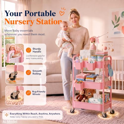 3 Tier Rolling Cart Metal with Lockable Wheels,Pink Baby Diaper Caddy Carts - color: Soft Pink, size: 3 Tier + Cups + Hooks