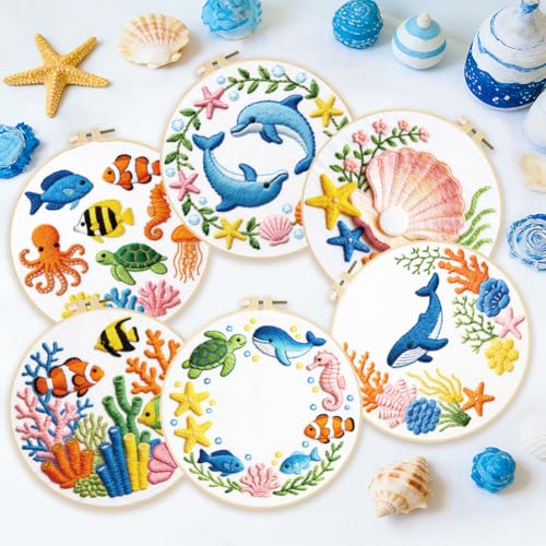 ACRNIGHEET 6PCS Embroidery Kit for Adults Beginners, Needlepoint Kits for Adults, Embroidery Starter Kit, Stamped Cross Stitch Kits for Crafts Lovers Gift Idea, Include Instructions(Ocean)