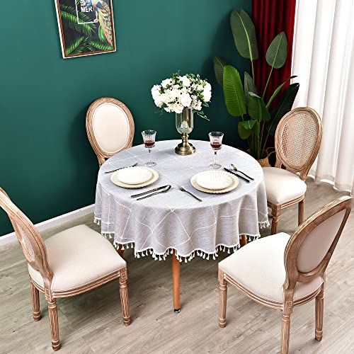 Cotton Linen Round Tablecloth Plaid Heavy Weight Table Cloth Gray for Round Tables Checkered Tassel Table Covers for Kitchen Dining Room Tabletop Decoration, Diameter 70 inch - color: Grey, size: 70" (Round)